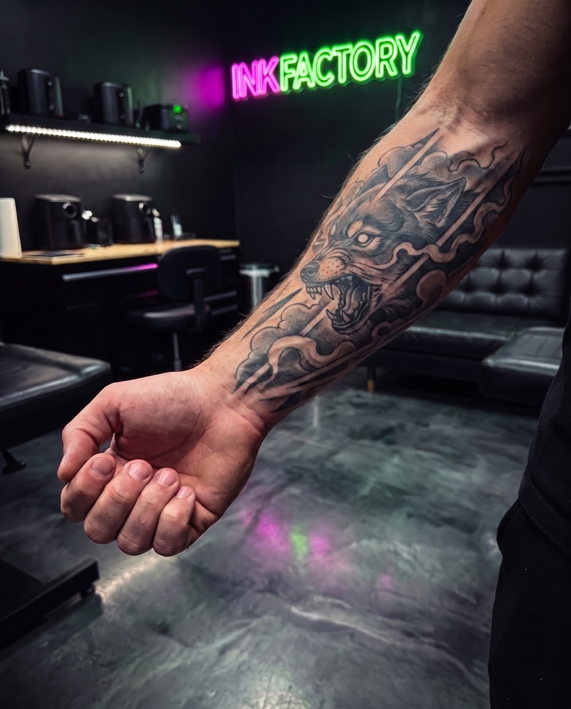 Design rendered as healed ink on the client's arm