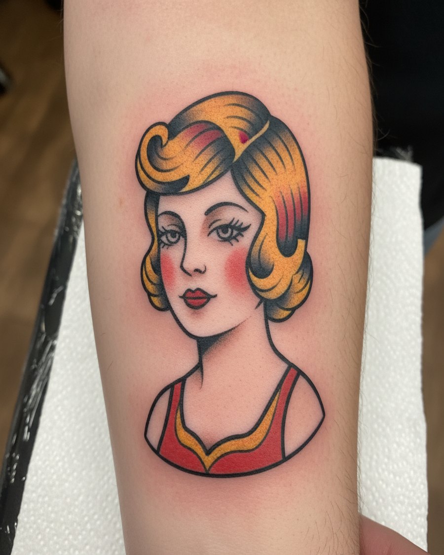 The reference a client saved on their phone: a plain traditional pin-up bust tattooed on a forearm