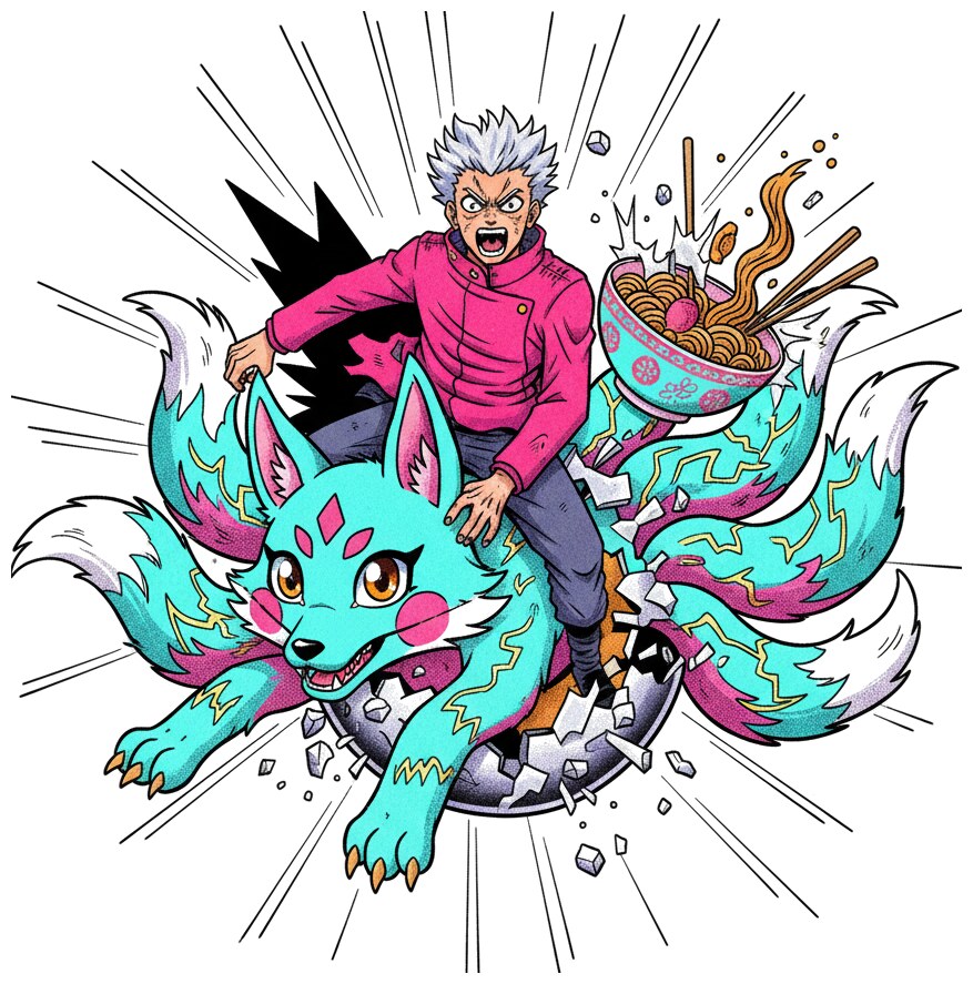 Anime shonen hero riding a nine-tailed fox concept generated by InkFactory