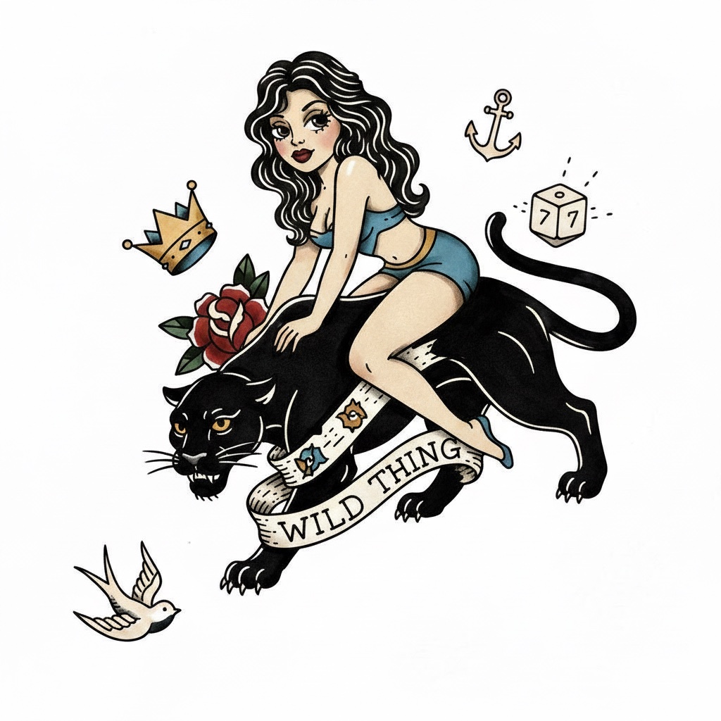 The finished InkFactory design: an Americana pin-up girl riding a black panther, roses and a WILD THING banner
