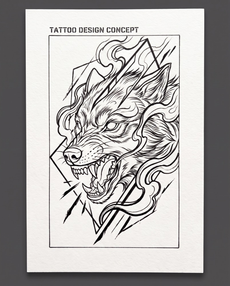 Wolf stencil linework, mirrored for transfer